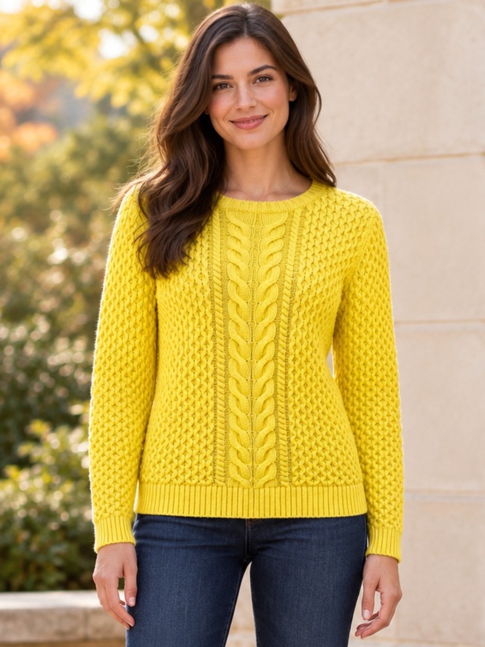 Yellow Cotton Cable Knit Sweater Lands’ End Crewneck Preppy Small 6–8 Classic